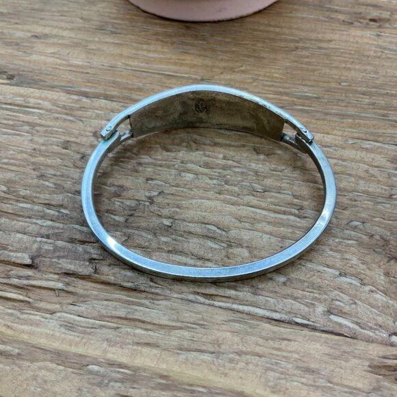 Alpaca Mexico Burnt Orange Silver Mother of Pearl Flower Bangle Hinged Bracelet - Picture 3 of 7